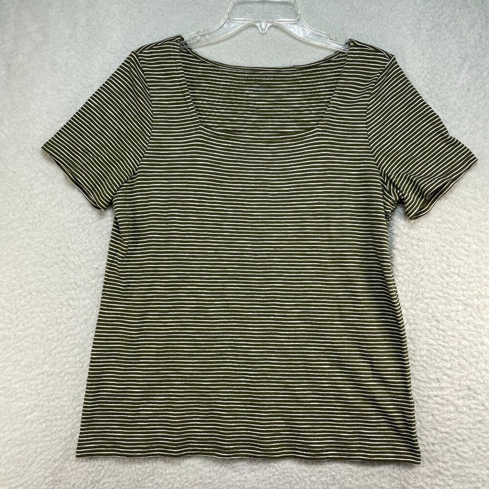 Talbots Tee Shirt Womens Medium Green White Short Sleeve Scoop Neck Top